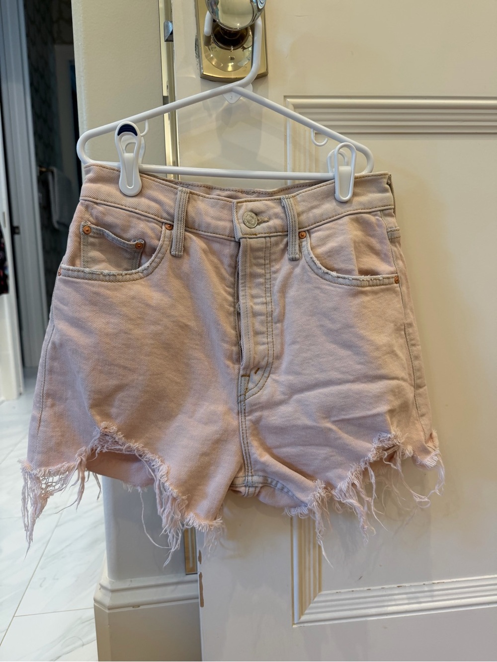 MOTHER Pale Pink High-Rise Frayed Hem Denim Shorts